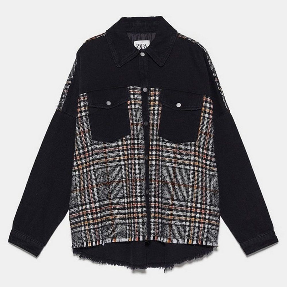 Zara Denim Oversized Jacket Fray Hem Snap Front Plaid Black Size S - Picture 1 of 9